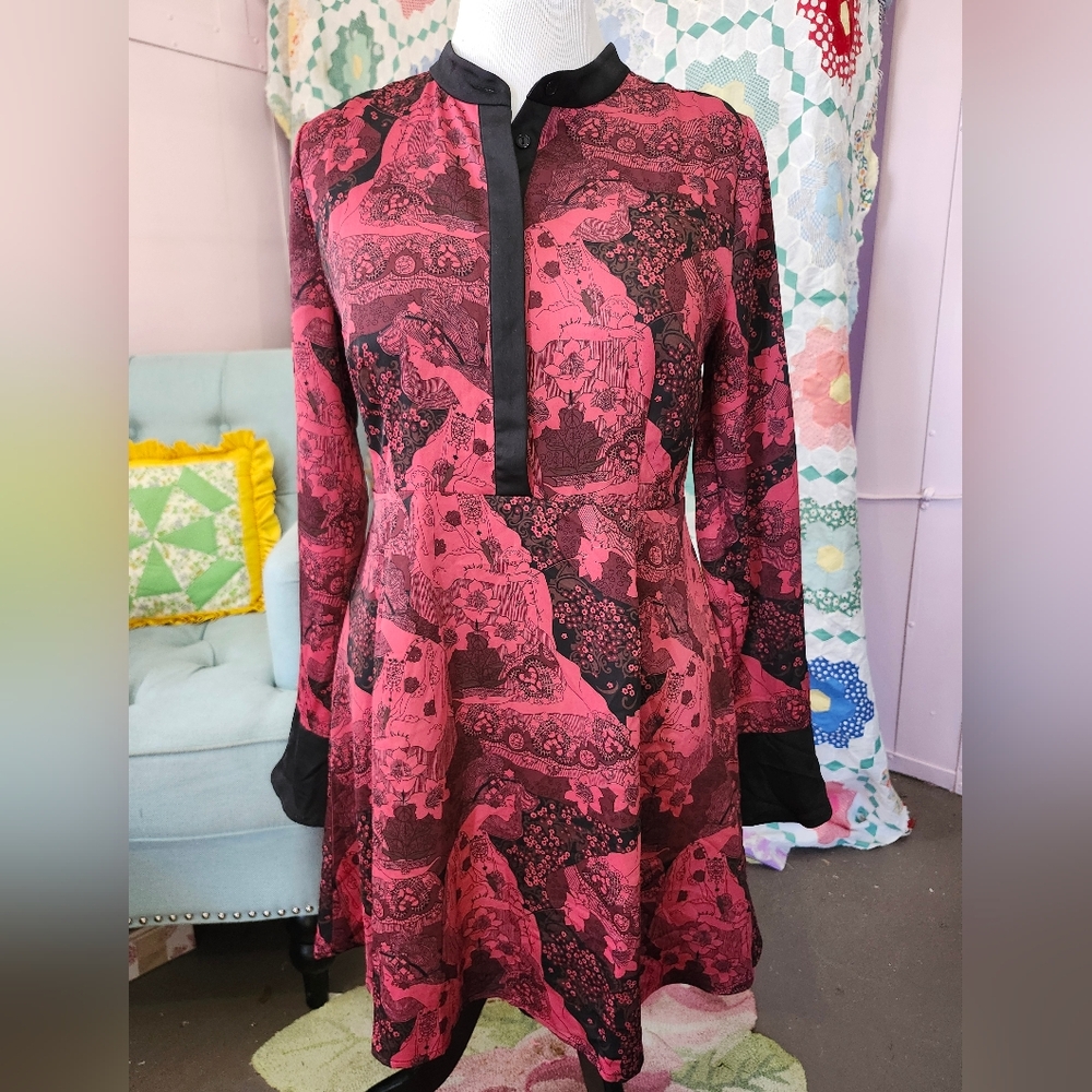 Modcloth Black and Pink Patterned Long Sleeve Dress